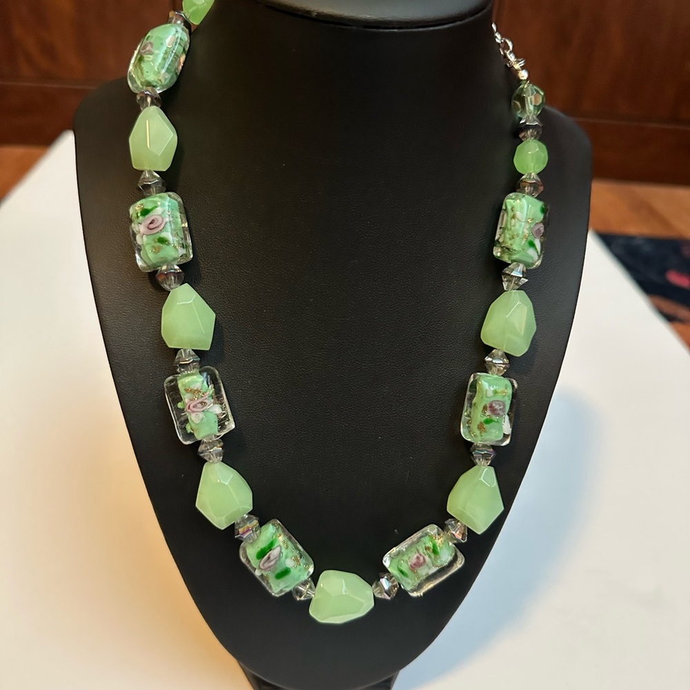 Source Unknown Green Glass Bead Necklace with Floral Lampwork Accents